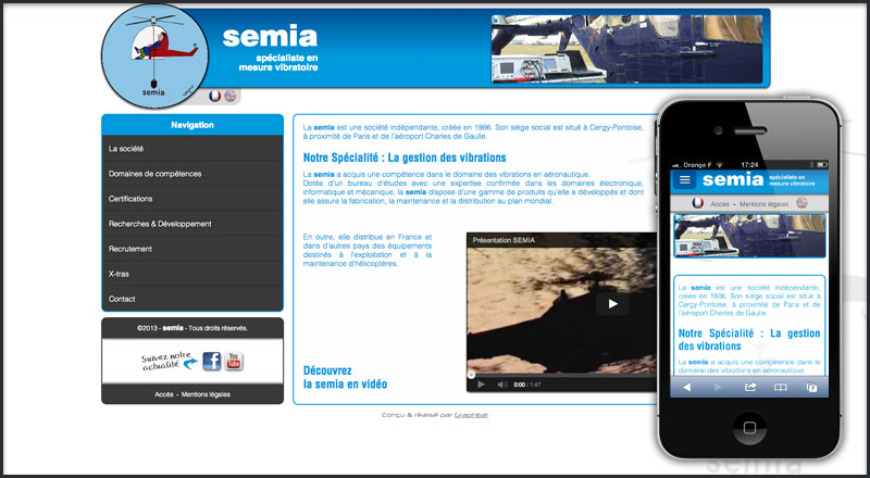 Site plaquette de la société SEMIA. BackOffice complet + optimisation responsive Web Design<a href='http://www.semia.fr' target='_blank' style='color:white; font-size:10px; display:block; margin:5px 0;'>www.semia.fr</a>
