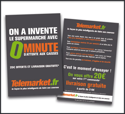 Flyer 0 minutes d'attente, pour Telemarket.fr. <br /> Distribution en libre service dans les taxis des plus grande villes de France.